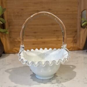 Vintage  FENTON Milk Glass Basket Bowl Vase MCM ruffled crimped edges